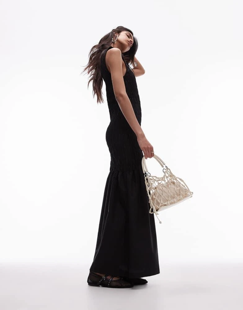 Topshop Topshop shirred maxi dress with contrast top stitch in black 4
