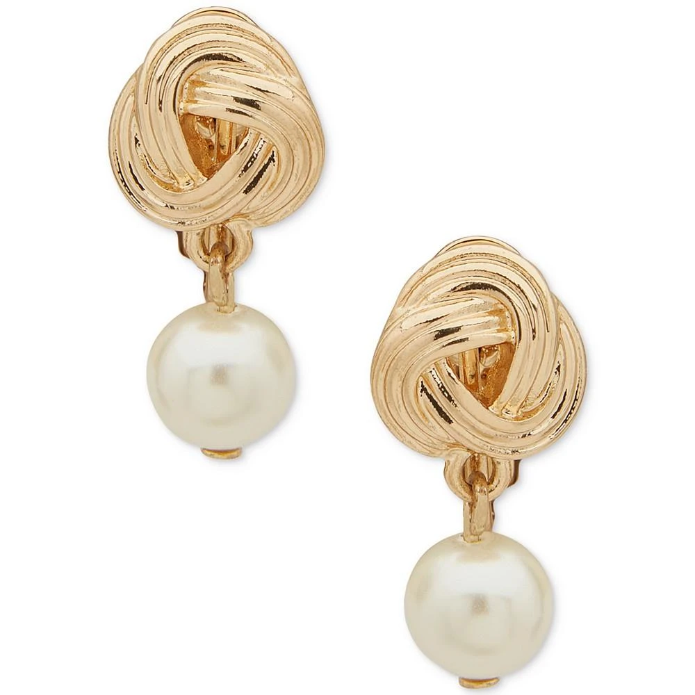 Anne Klein Gold-Tone Textured Knot & Imitation Pearl Clip-On Drop Earrings 1