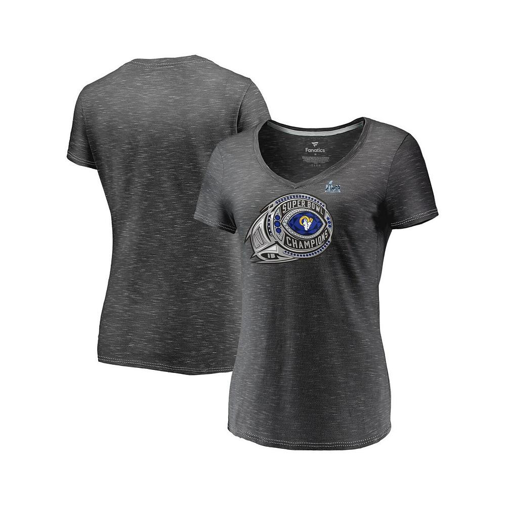 Fanatics Women's Heather Charcoal Los Angeles Rams Super Bowl LVI Champions Ring Bling V-Neck T-shirt