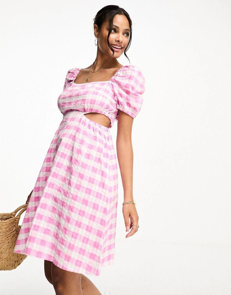 Monki Monki balloon sleeve cut out mini dress in pink gingham 1