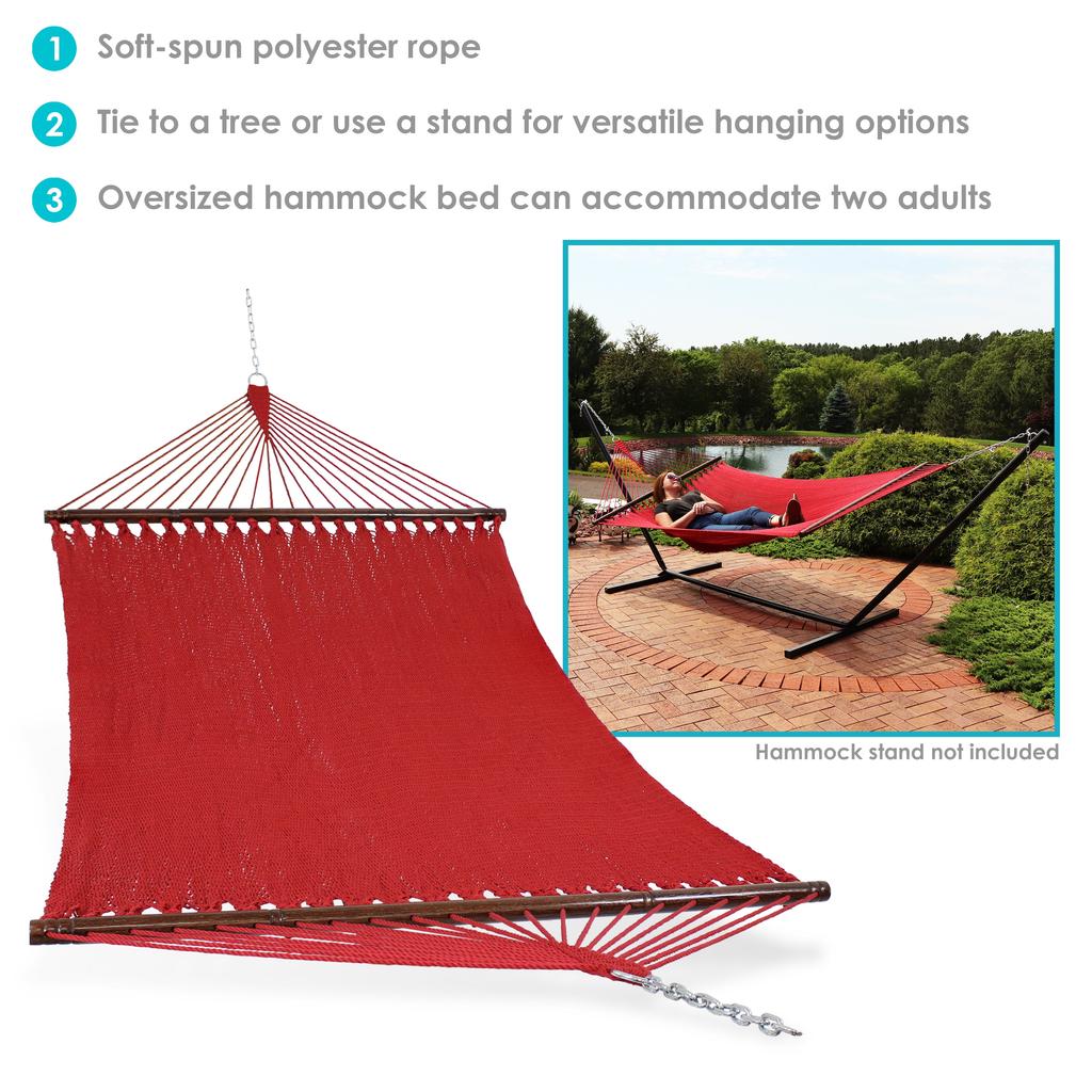 Sunnydaze Large Double Wide Two-Person Polyester Rope Hammock with Spreader Bars - 600 lb Weight Capacity