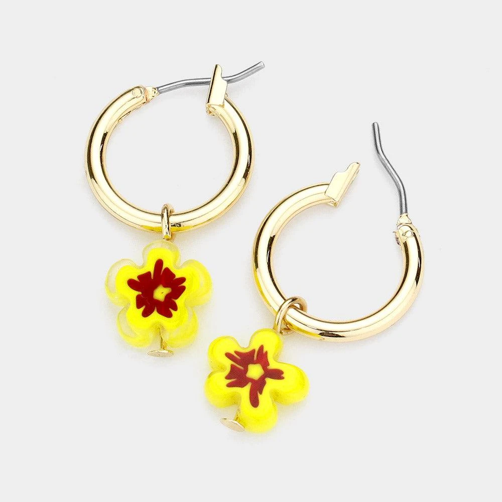FASHNZFAB Patterned Flower Dangle Metal Hoop Pin Catch Earrings