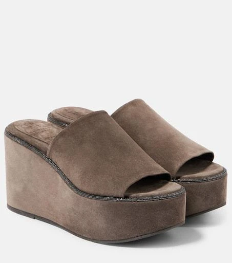 Brunello Cucinelli Monili suede wedge mules 1