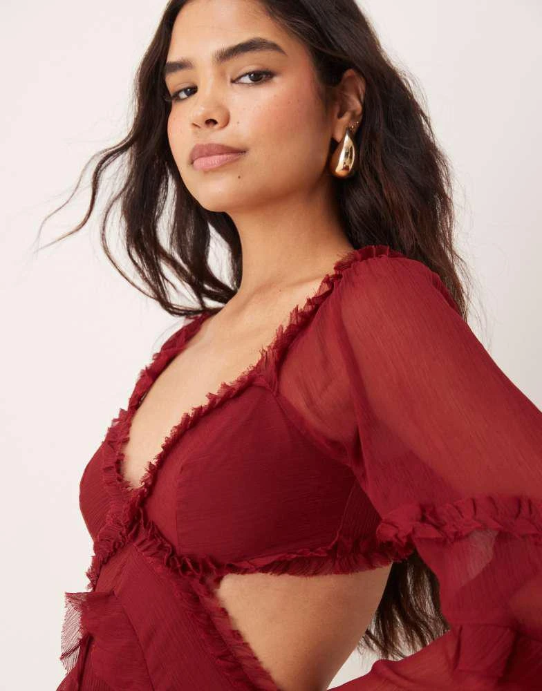 ASOS ASOS DESIGN ruffle v neck long sleeve maxi dress in burgundy 2