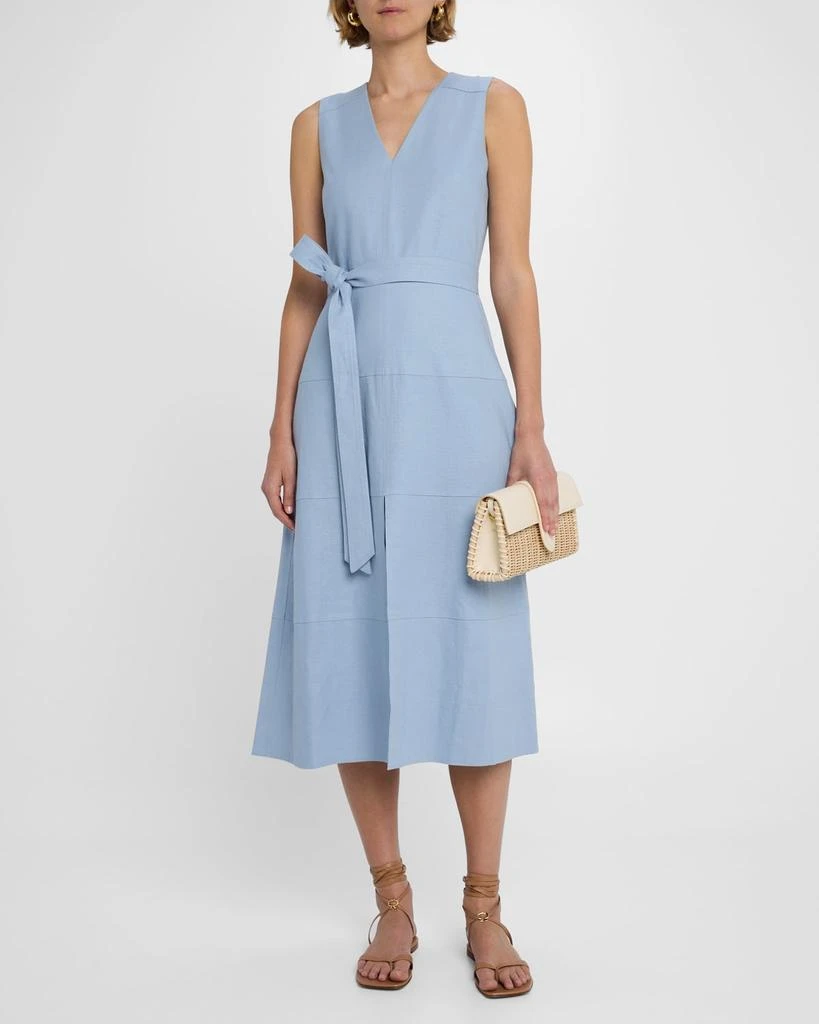knee length dresses for ladies White Plan Gold Button Belted A-Line Cuff Long Sleeved Silk Blend Midi Dress
