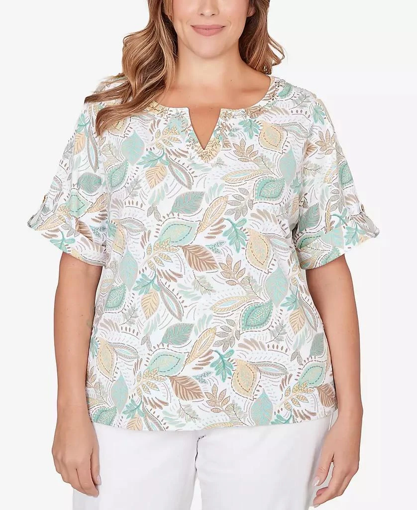 HEARTS OF PALM Plus Size Printed Elbow Sleeve Banded V-Notch Top