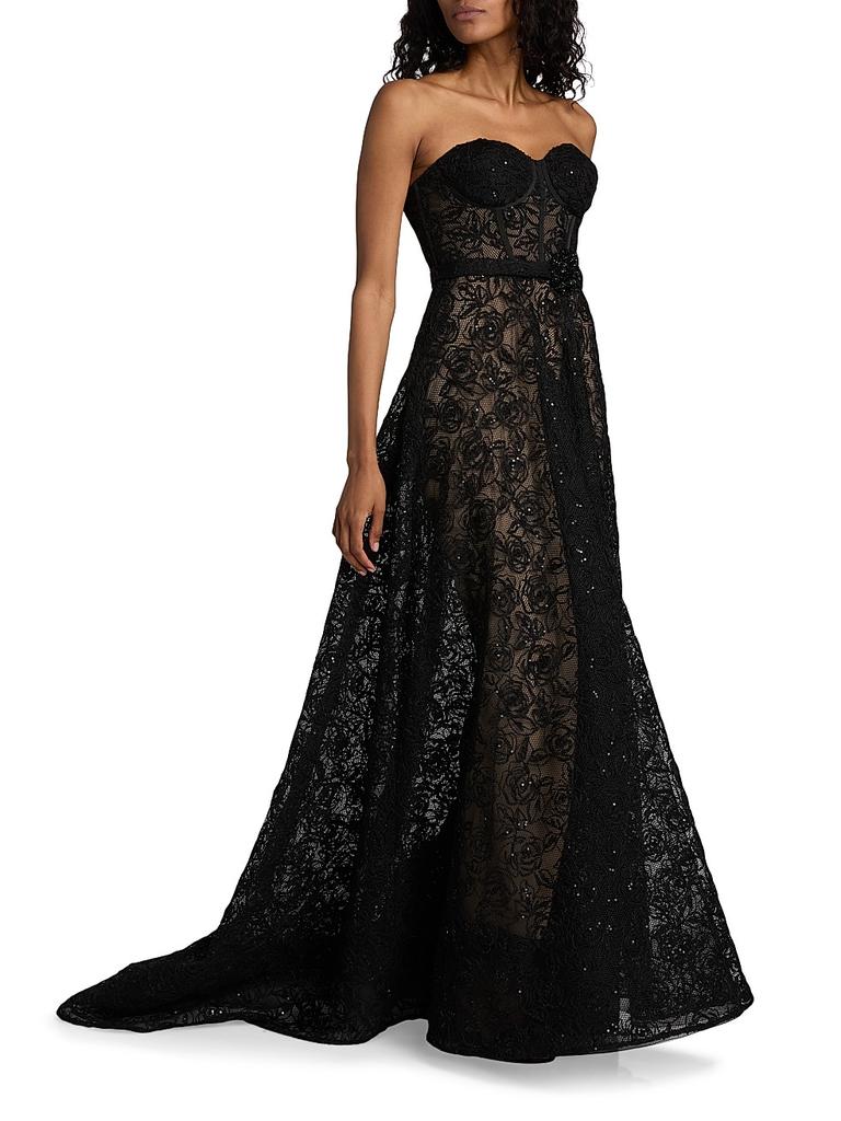 Pamella Roland Floral Lace Sequinned A-Line Gown