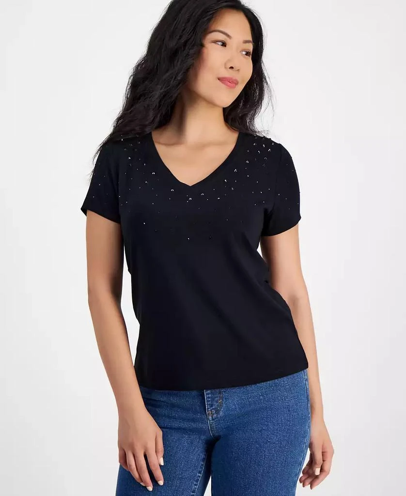 INC International Petite Embellished V-Neck T-Shirt, Created for Macy's 1