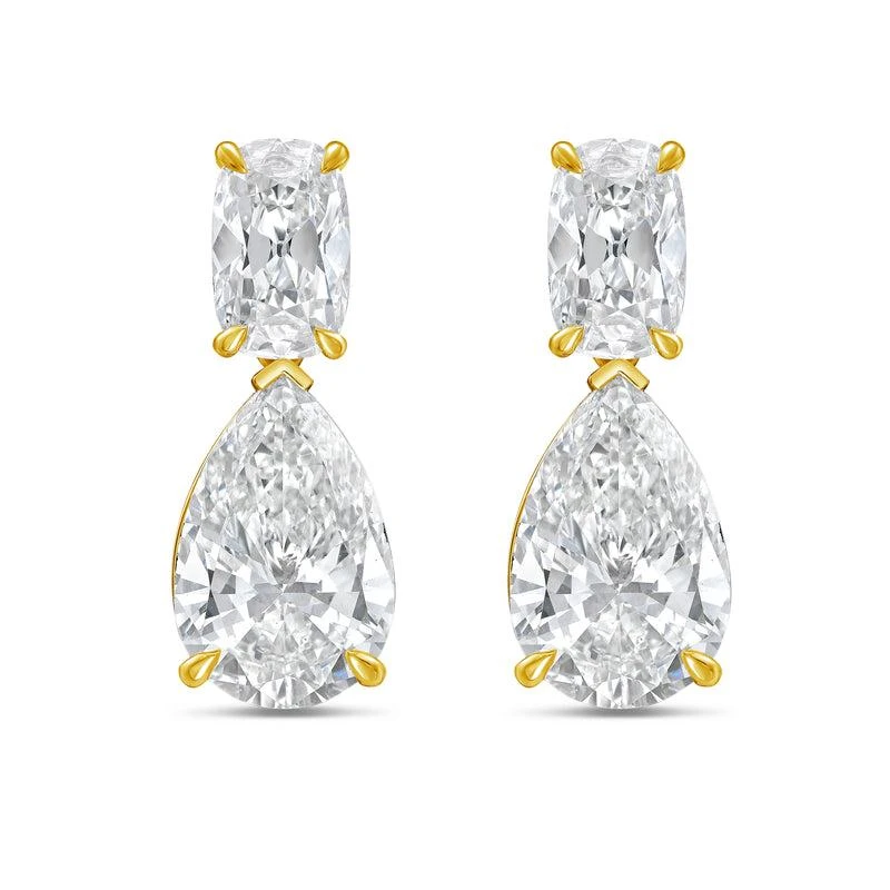Diana M Jewels 14KW YG Drop Earrings 8.00 Ct TW of Lab grown cushion and pear shape diamonds