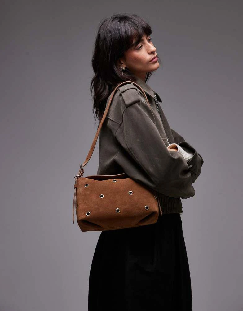 & Other Stories & Other Stories suede shoulder bag in cognac brown  with metal eyelets 4