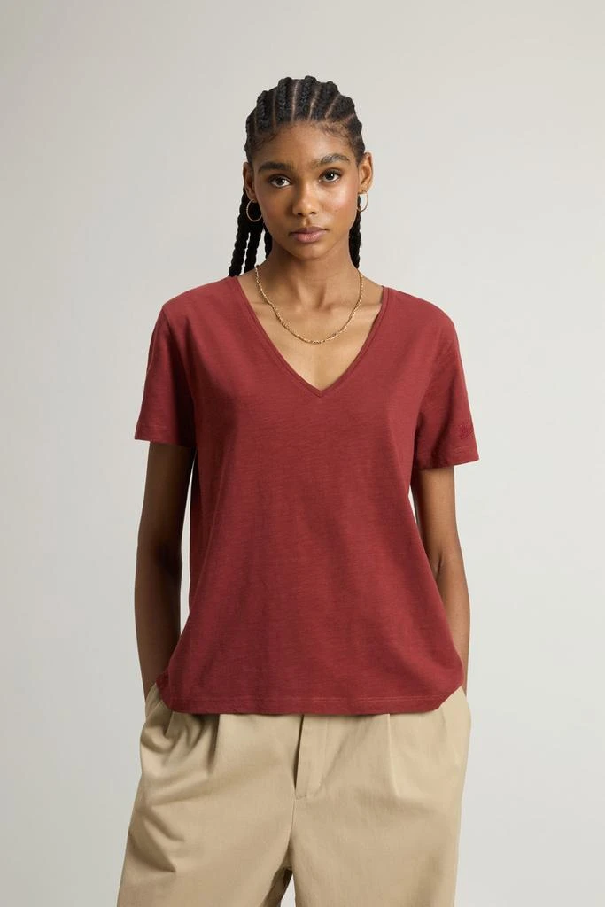 Woolrich Pure Cotton Slub T-Shirt with V-Neck - Women - Pink 1