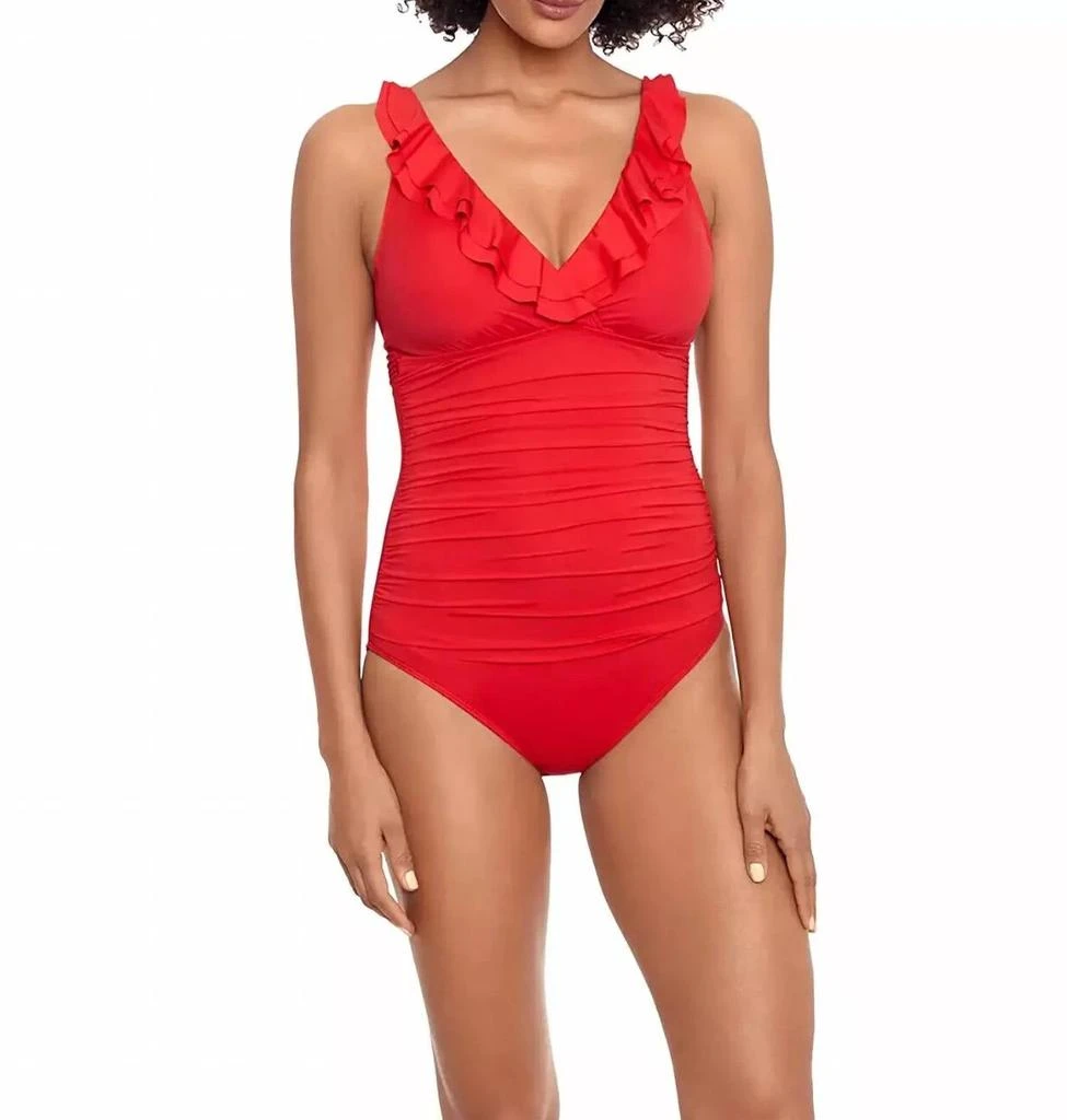 Ralph Lauren Beach Club Solid Ruffle One-Piece Bikini In Red 1