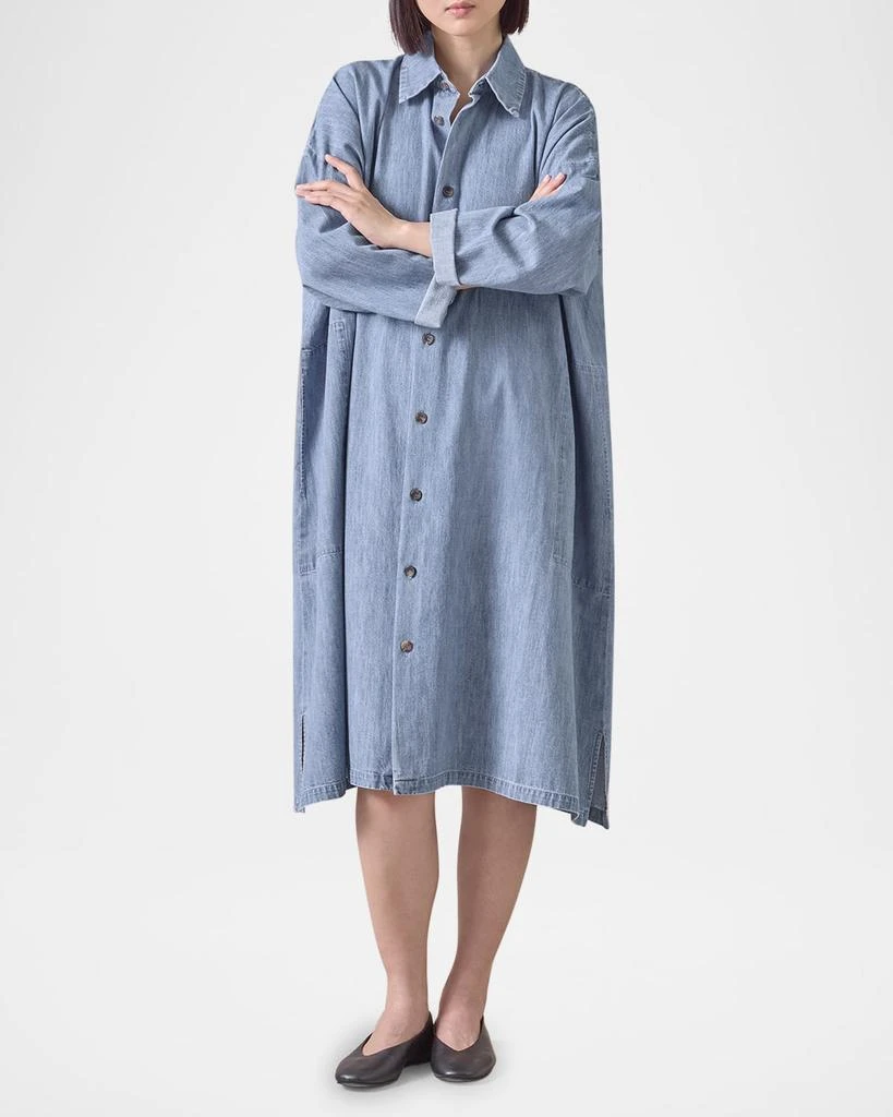 Eskandar Denim Wide A-Line Back-Pleat Shirtdress With Collar 4