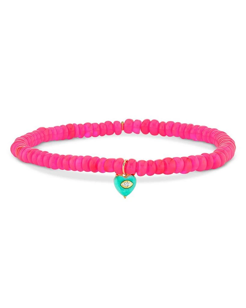 Sydney Evan 14K Yellow Gold Diamond & Turquoise Heart Charm Hot Pink Ethiopian Bead Stretch Bracelet 1