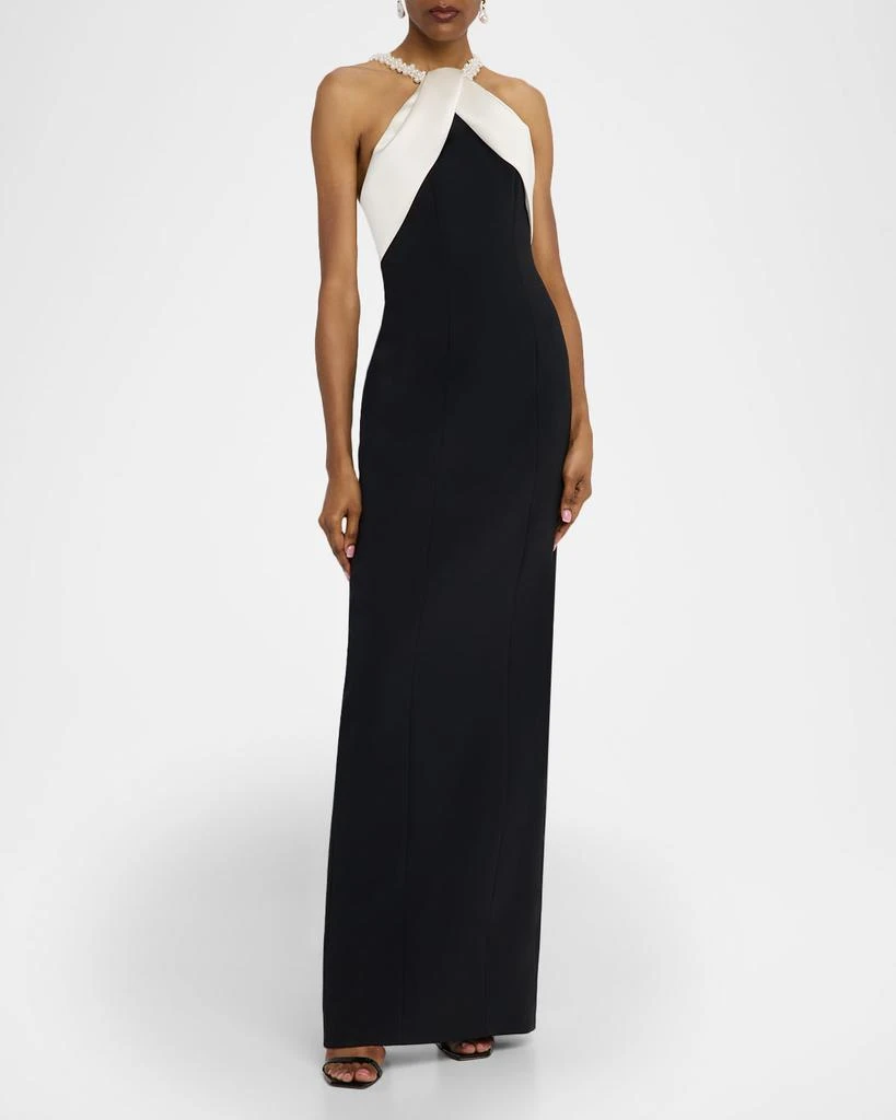 Pamella Roland Satin Beaded Halter Crepe Column Gown 4