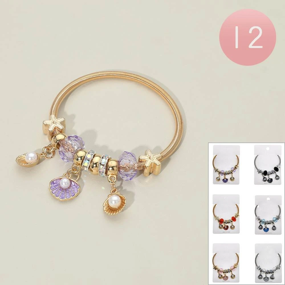 FASHNZFAB 12PCS - Pearl Accent Shell Charm Starfish Beaded Stretch Bracelets