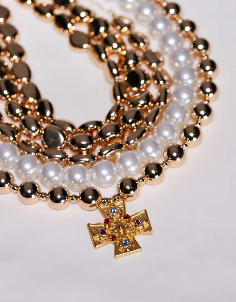 8 Other Reasons 8 Other Reasons statement layered beaded necklace with cross pendant in gold