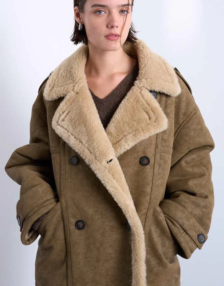 Topshop Topshop formal longline shearling coat in khaki 3