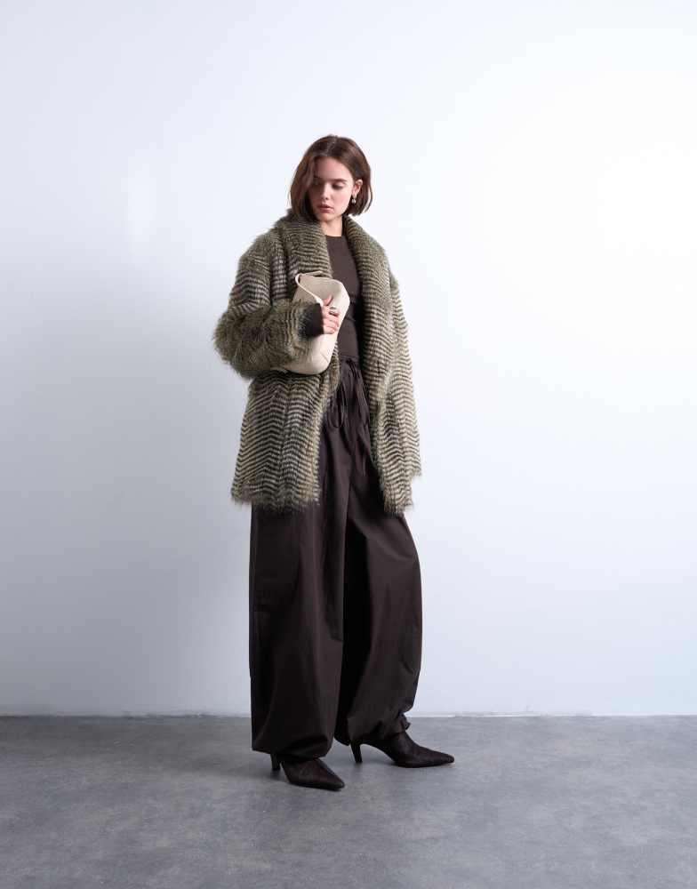 Topshop Topshop faux mono stripe shawl mid length coat in black