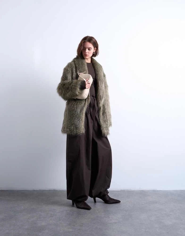 Topshop Topshop faux mono stripe shawl mid length coat in black 2