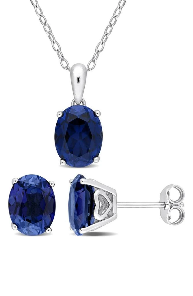 DELMAR Oval Created Sapphire Stud Earrings 
Necklace Set