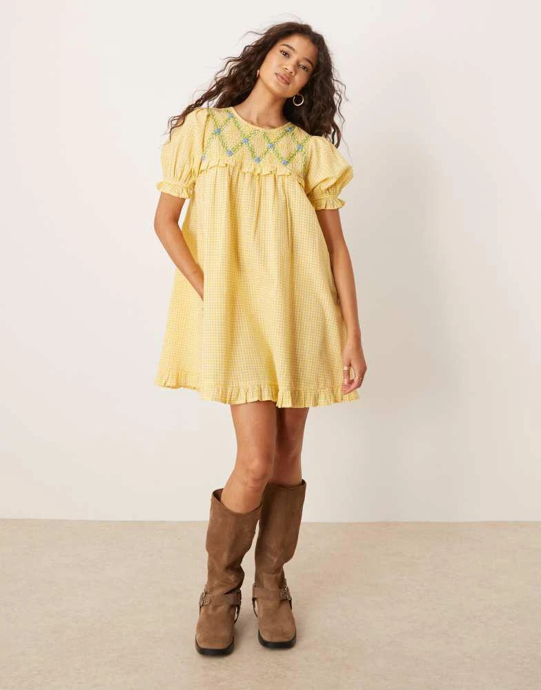 Neon Rose Neon Rose shirred detail mini gingham babydoll dress in yellow 3