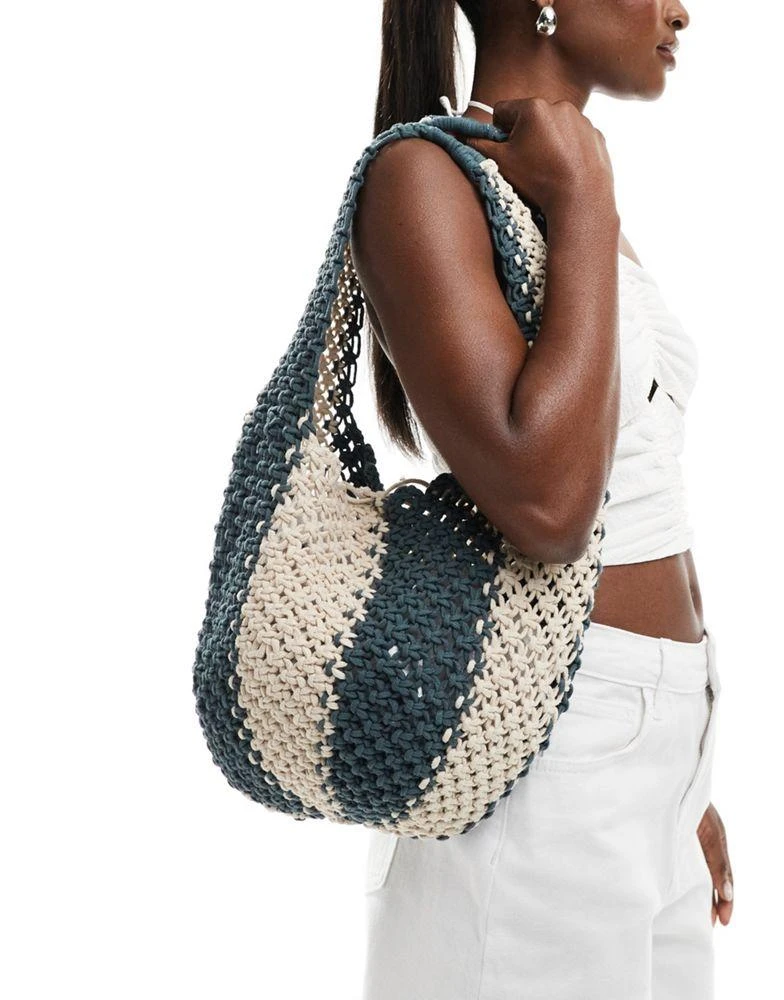 Pull&Bear Pull&Bear crochet bucket bag in green and white stripe 1