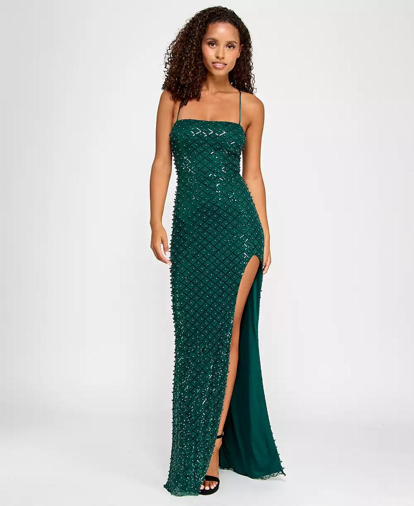 City Studios Juniors' Faux Pearl-Sequin Straight-Neck Gown, Created for Macy's