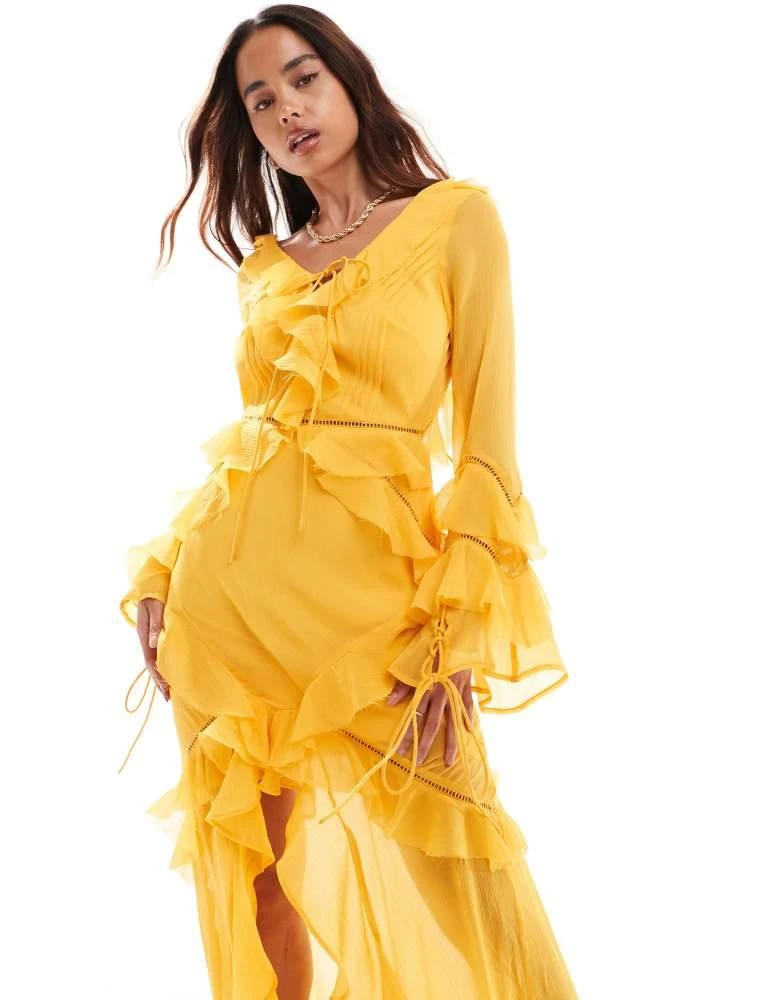ASOS ASOS DESIGN long sleeve ruffle maxi dress with lace inserts in yellow 3