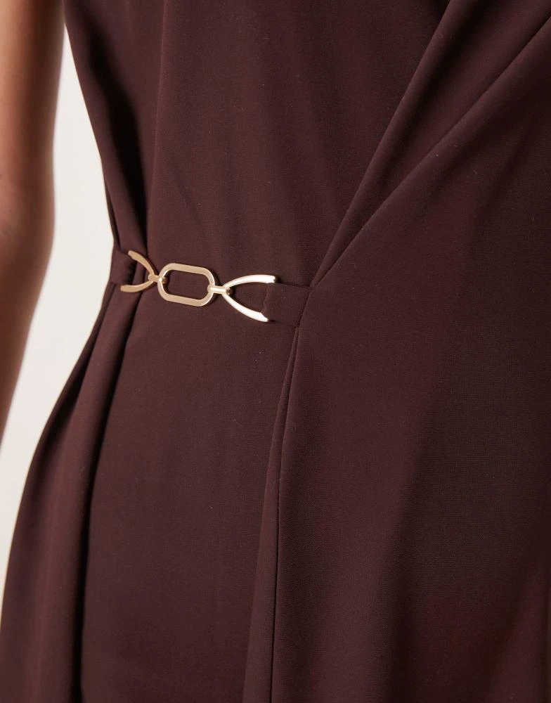 ASOS ASOS DESIGN twist strap drape midi dress with gold trim in chocolate brown 3