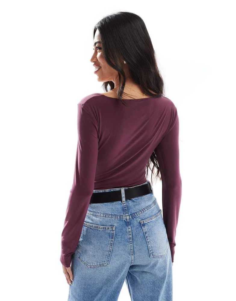 Miss Selfridge Miss Selfridge square neck long sleeve bodysuit in burgundy 2