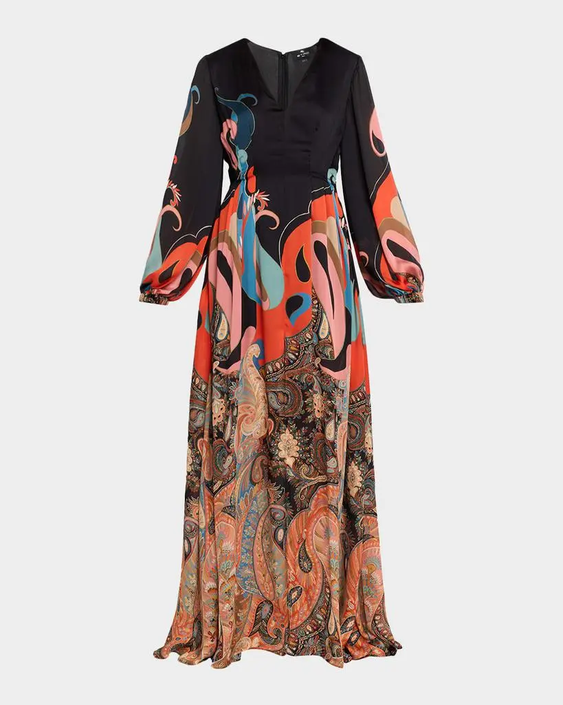 ETRO Lotus Paisley-Print Long-Sleeve A-Line Gown