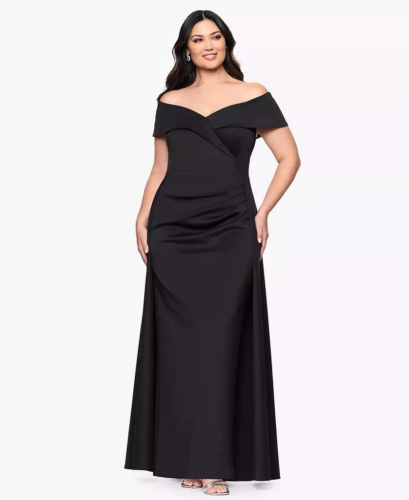 XSCAPE Women's Long Off the Shoulder Scuba Ruffle Dress - Dresses & Skirts  - Free Shipping - BeyondStyle