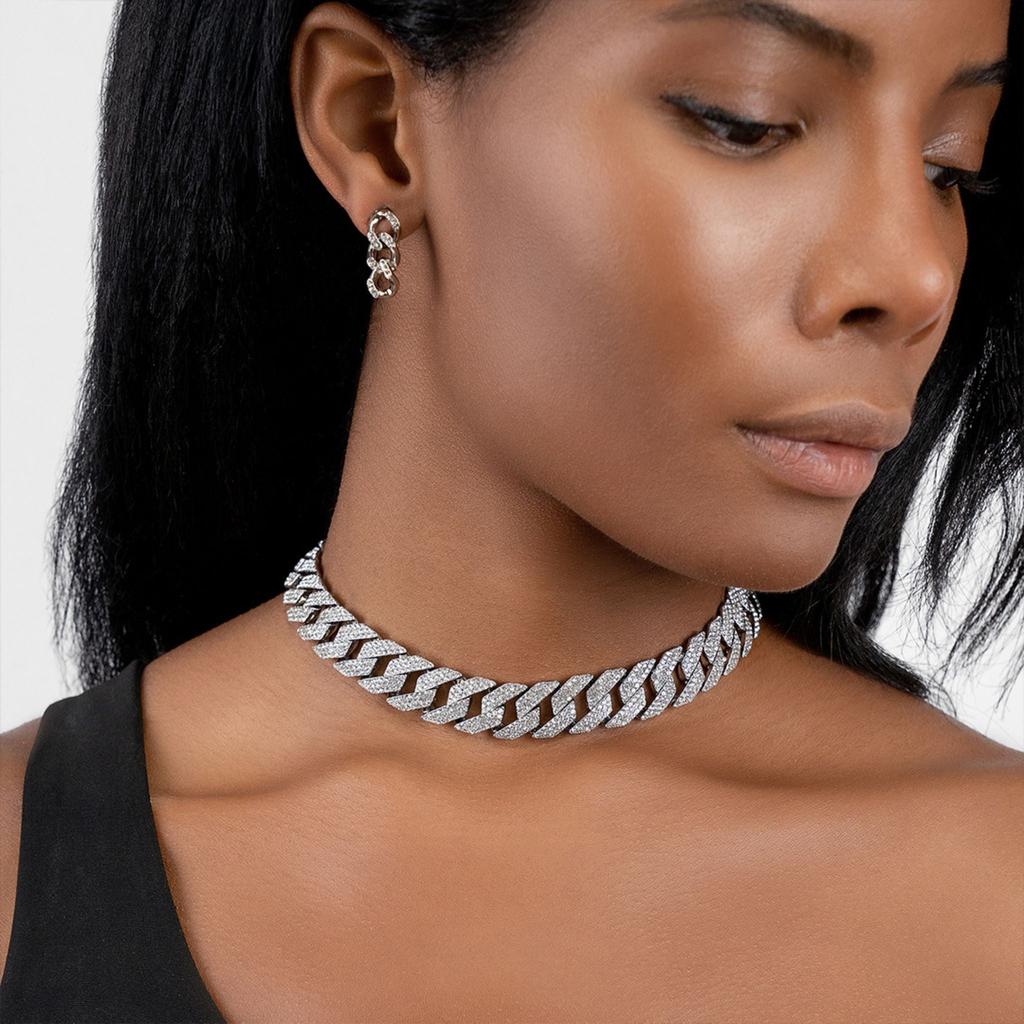 Adornia Edgy Cuban Crystal Adjustable Choker Chain Necklace silver