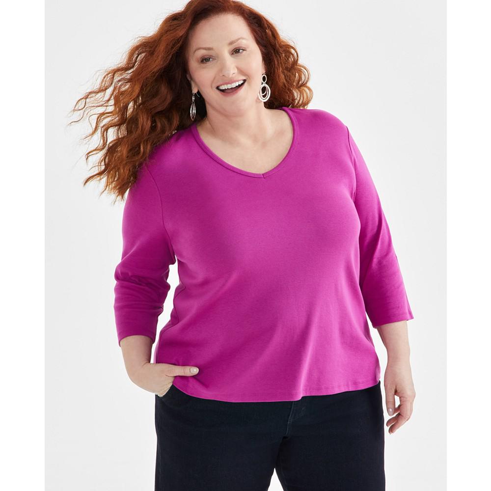 Macy's Style & Co Plus Size Cotton V-Neck 3/4-Sleeve Top, Created for