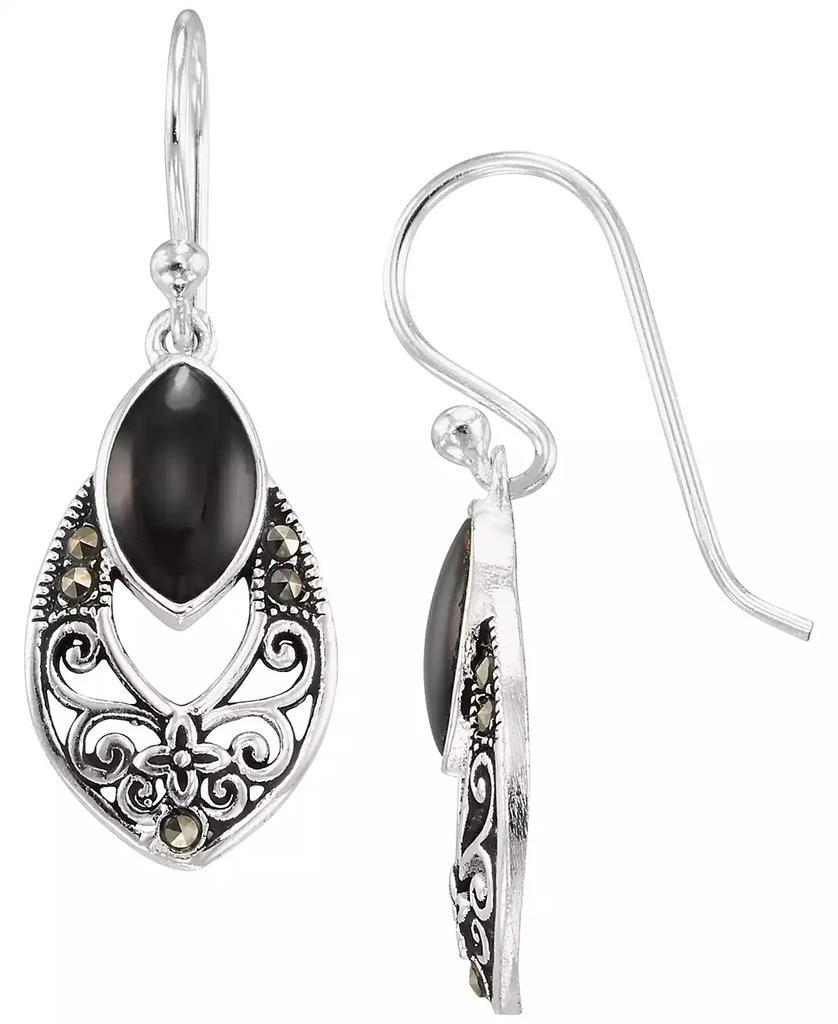 Macy
s Marcasite (0.09 ct. t.w.) and Onyx (1 ct. t.w.) Drop Earrings in Sterling Silver