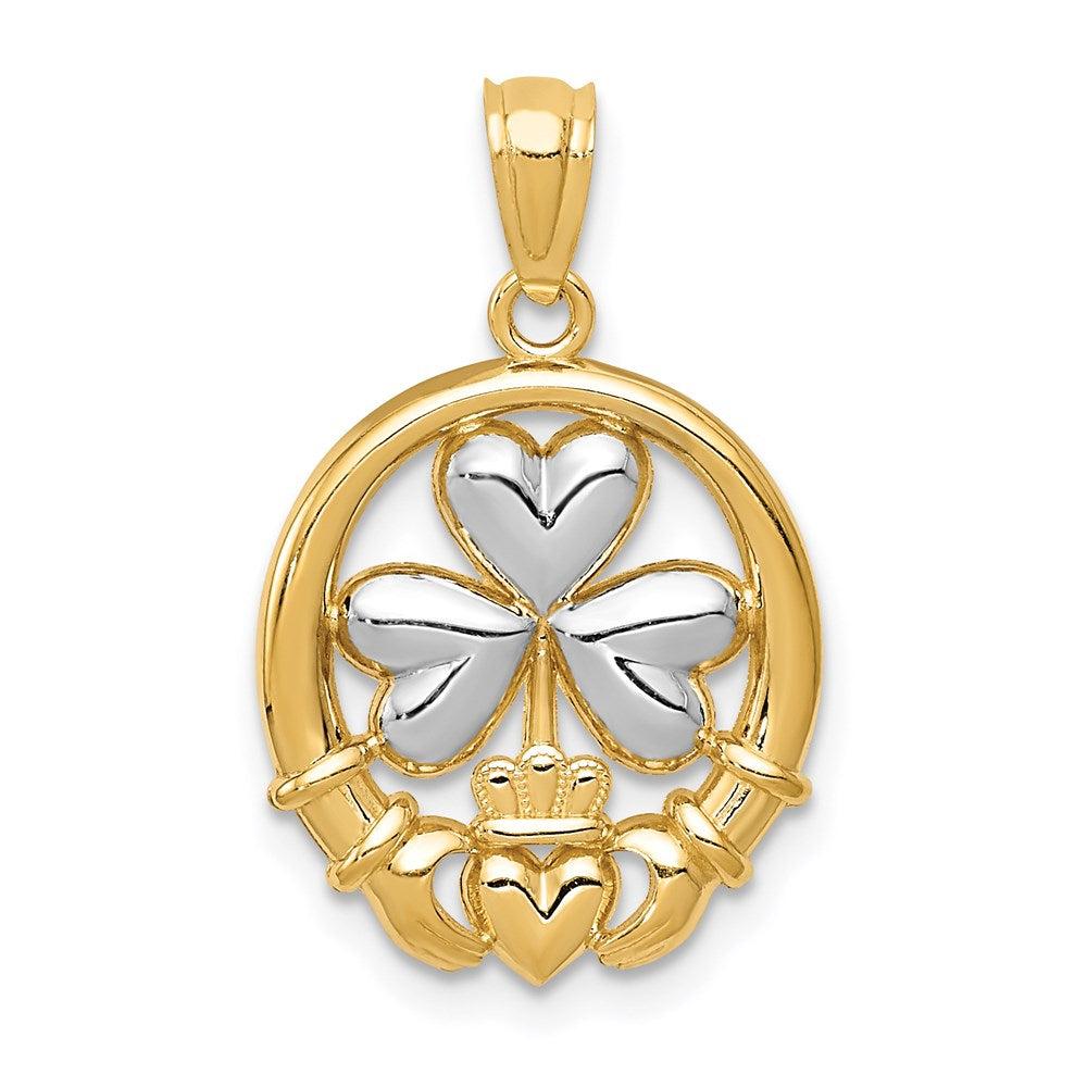 Diamond2Deal 14k Yellow Gold Rhodium-plated Shamrock and Claddagh Pendant