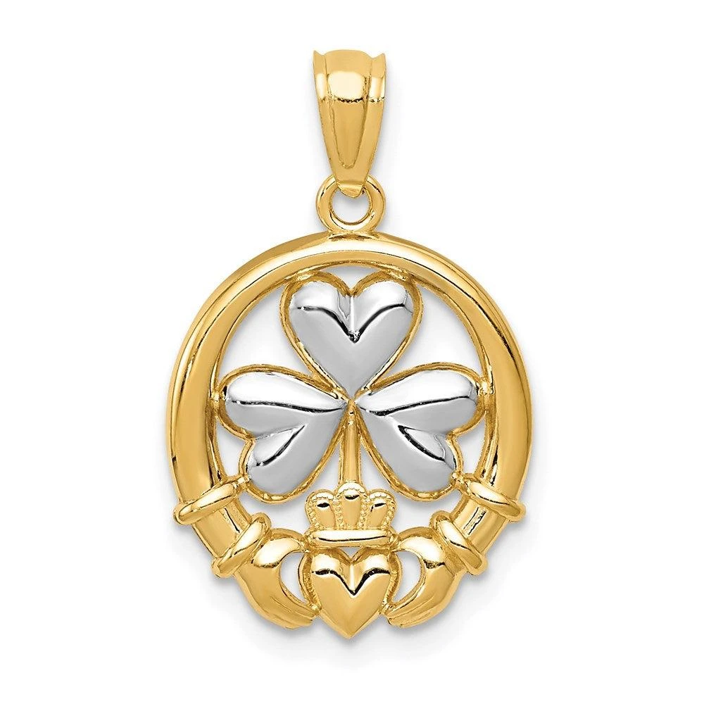 Diamond2Deal 14k Yellow Gold Rhodium-plated Shamrock and Claddagh Pendant 1