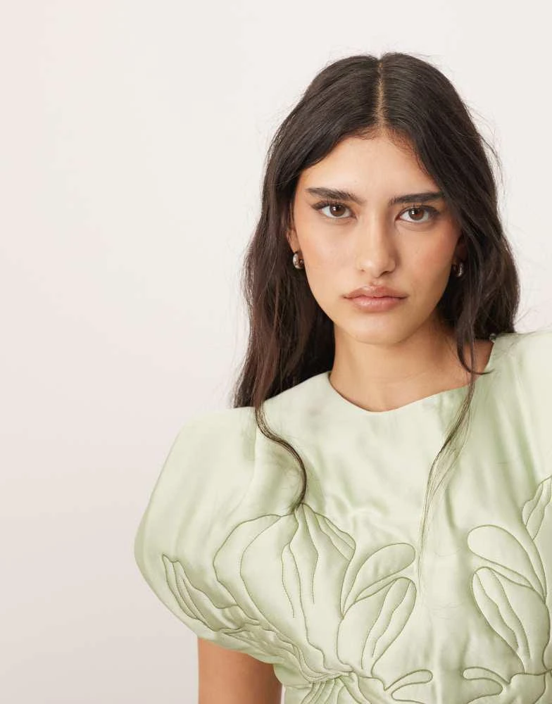 ARRANGE ARRANGE embroidered satin quilted mini dress in sage 3