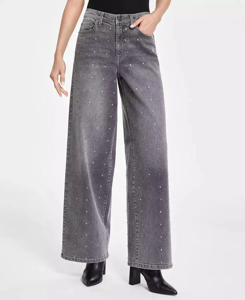 DKNY Women's High-Rise Rhinestone Wide-Leg Jeans 3