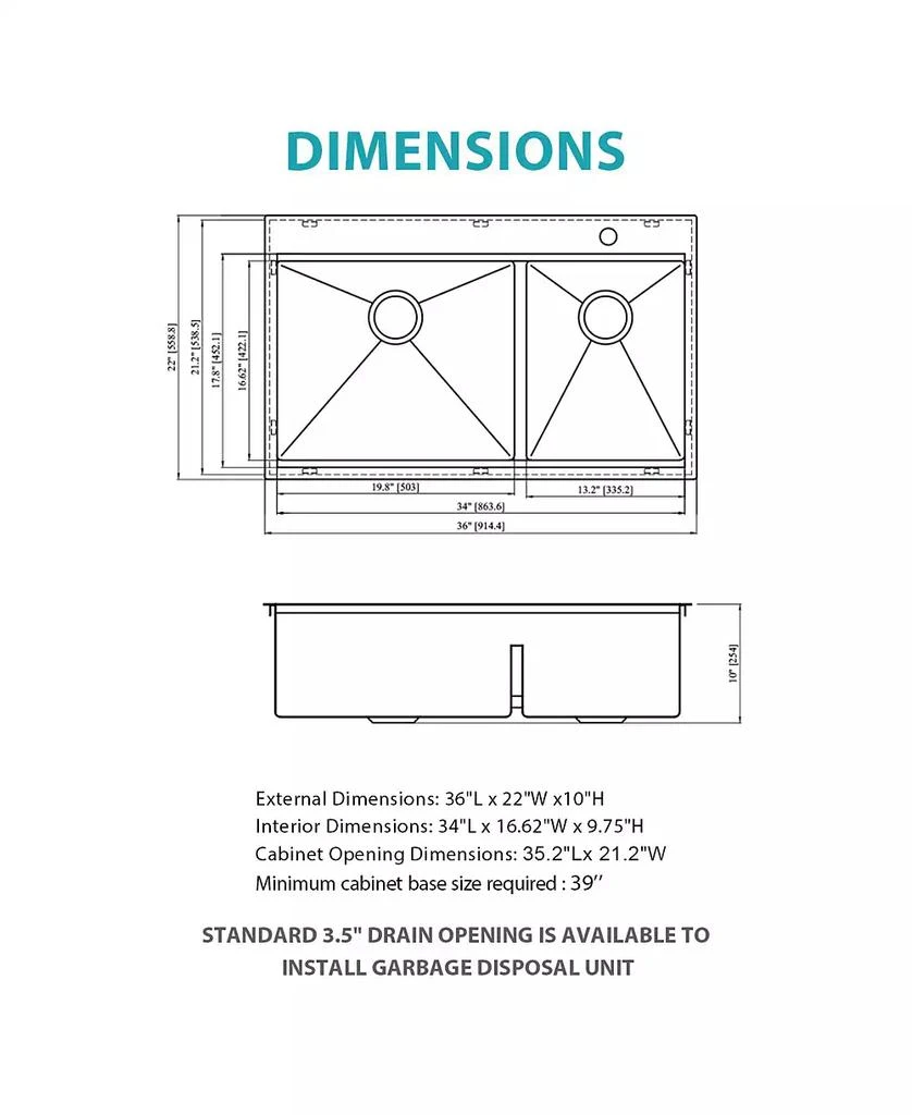 Flynama 36x22x10inch Topmount Double Bowl Kitchen Sink 16 Gauge Stainless Steel Split Brushed Nickel 10