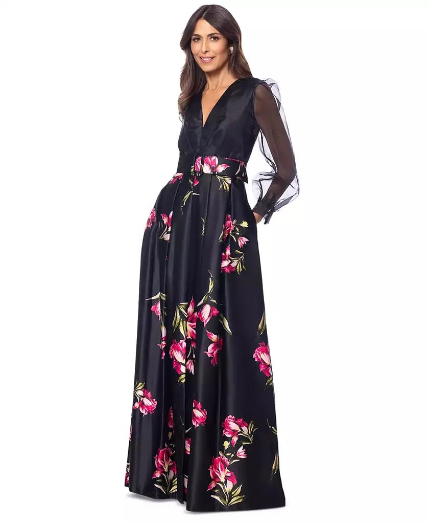 Betsy & Adam Women's Organza-Sleeve Floral Belted Gown 5