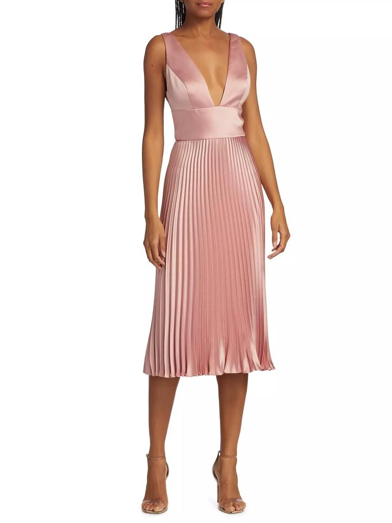 Amsale Satin V-Neck Pleated Midi-Dress 3