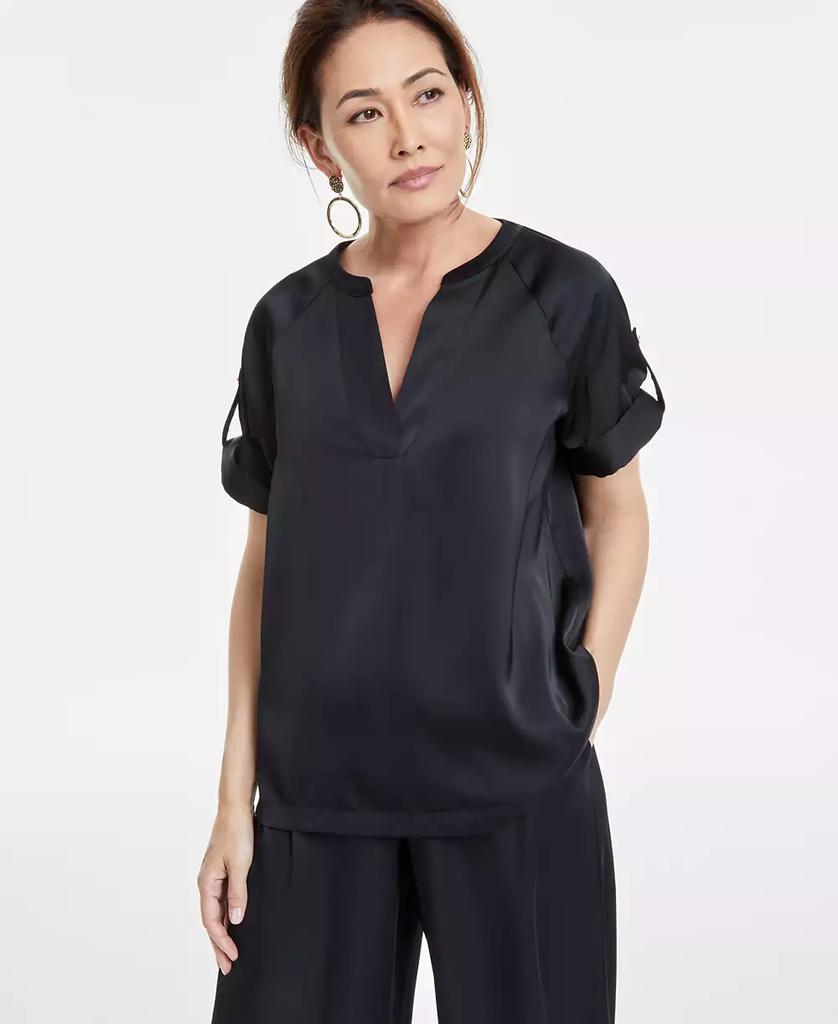 JM Collection Women's Satin Split-Neck Short-Sleeve Top, Exclusively at Macy's