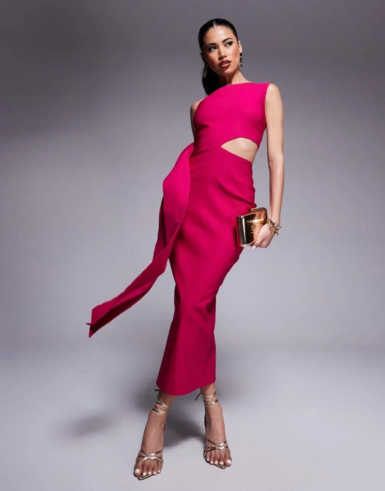 Vesper Vesper One Shoulder Midaxi Dress with belt in Cerise 1