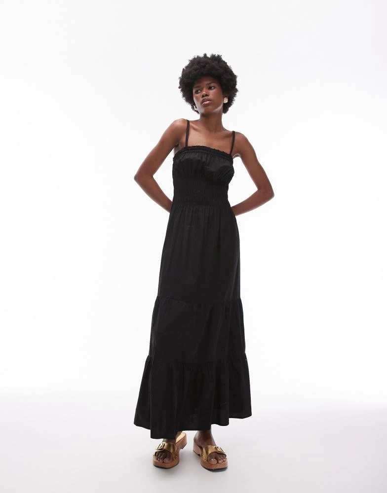Topshop Topshop shirred poplin midi dress in black 1