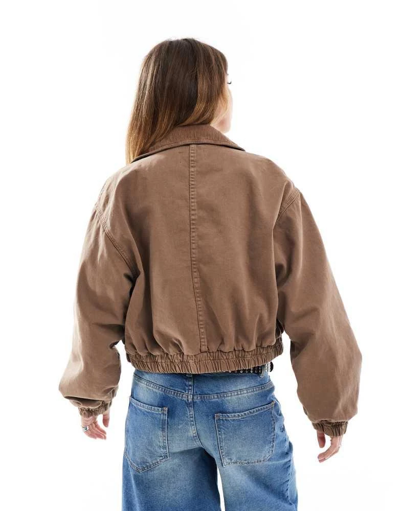 ASOS ASOS DESIGN denim bomber jacket with cord collar in brown 4