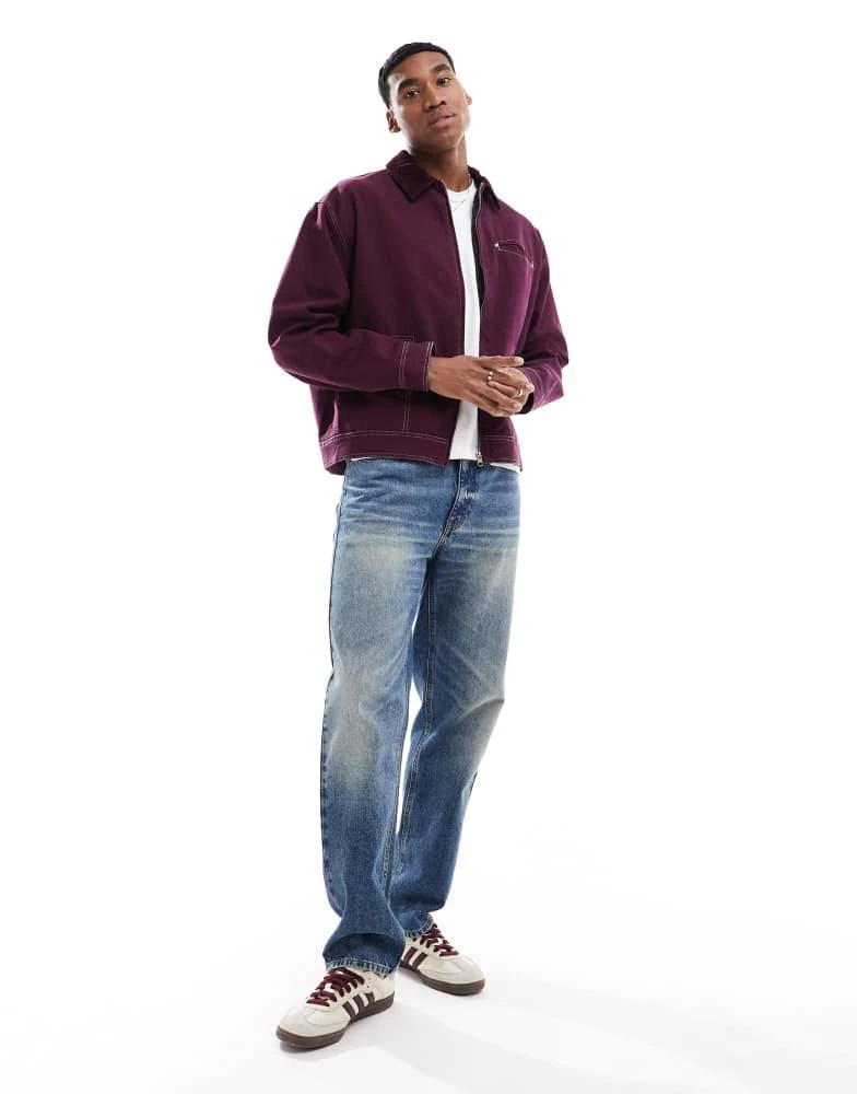 ASOS ASOS DESIGN boxy oversized cord collar harrington jacket with contrast stitch in burgundy 3