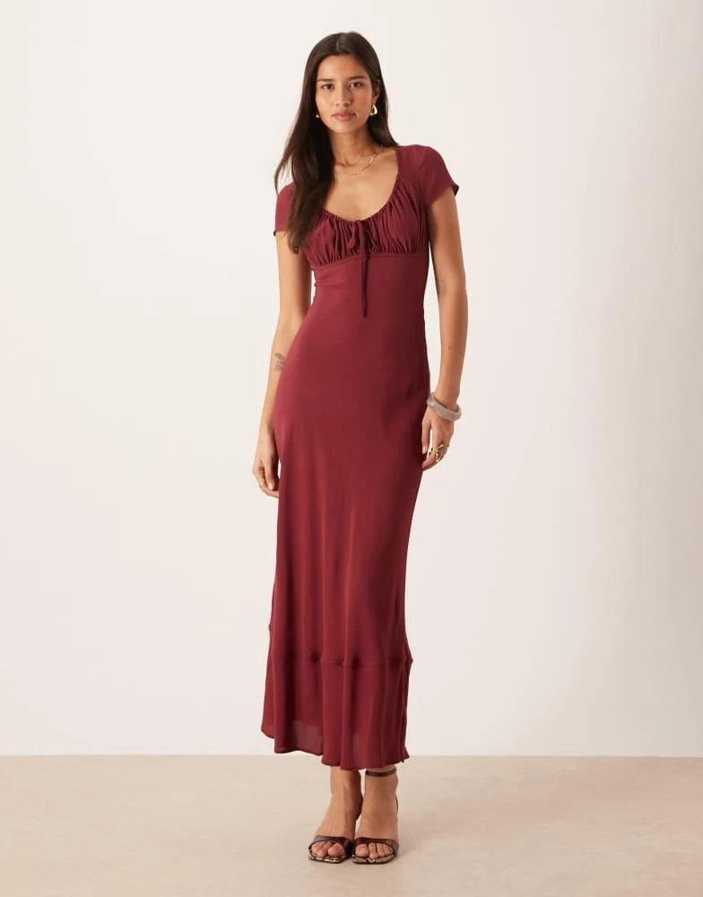 ASOS Design ruched front puff sleeve maxi dress in burgundy-Brown ASOS Design ruched front puff sleeve maxi dress in burgundy-Brown