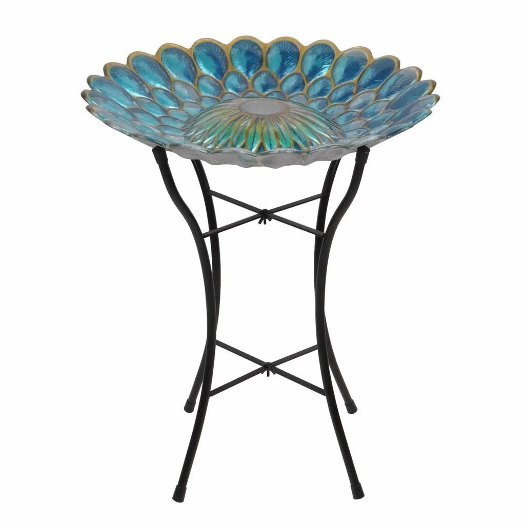 Teamson Home 18" Outdoor Solar Glass Flower Mosaic Birdbath with LED Lights and Stand 1